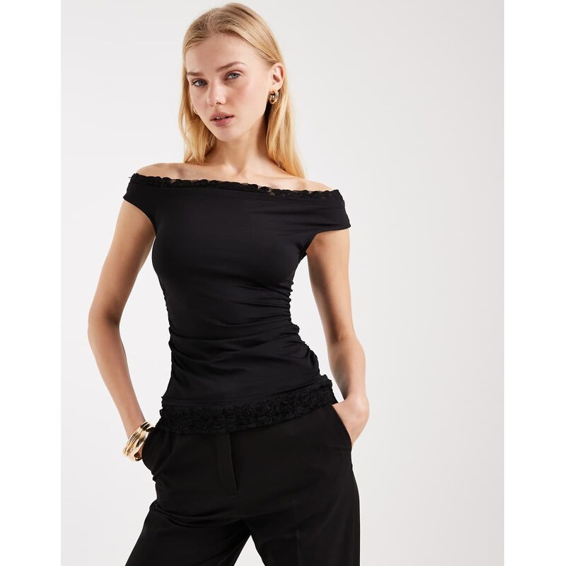 ASOS DESIGN asymmetric sleeve lace trim detail top in black