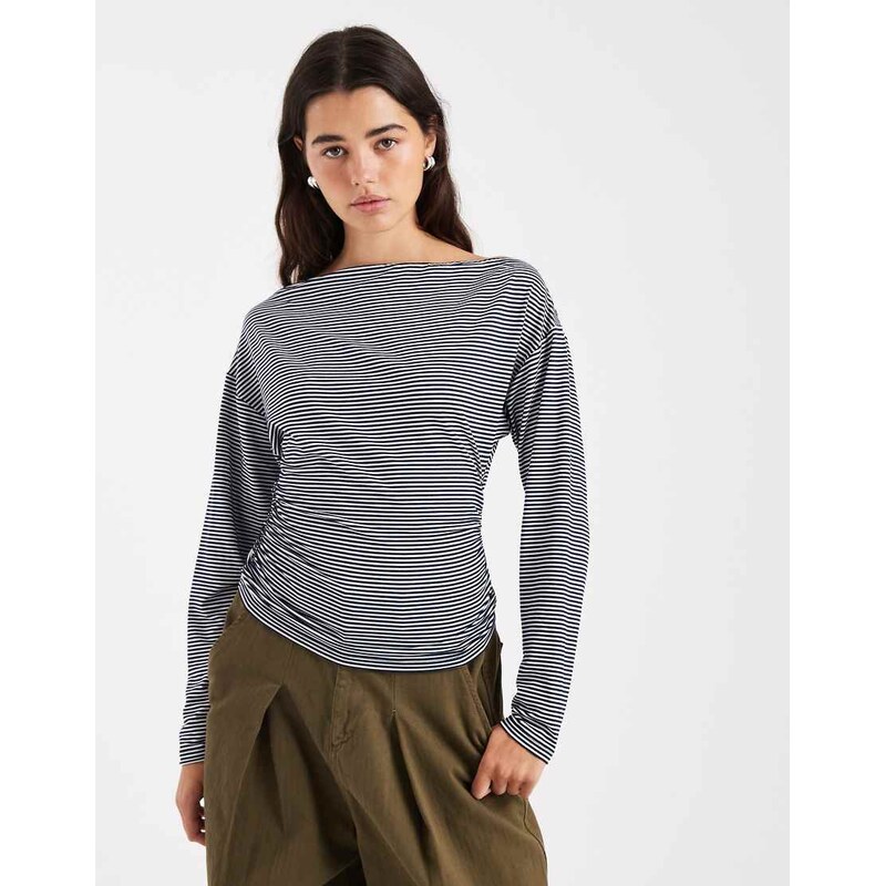 ASOS DESIGN stripe cinched asymmetric long sleeve top in navy