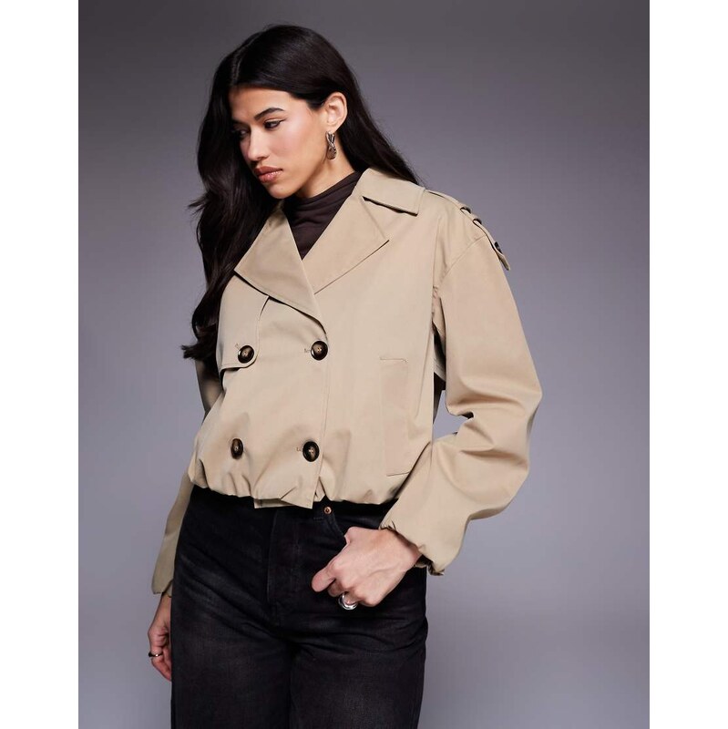 River Island cropped bubble hem trench coat in beige-Neutral 112911183