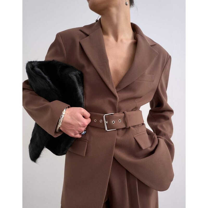 Topshop co ord high break belted blazer in chocolate-Brown 113574921