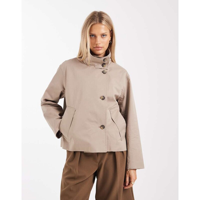 Object premium button front short trench jacket in taupe-Neutral 112985476