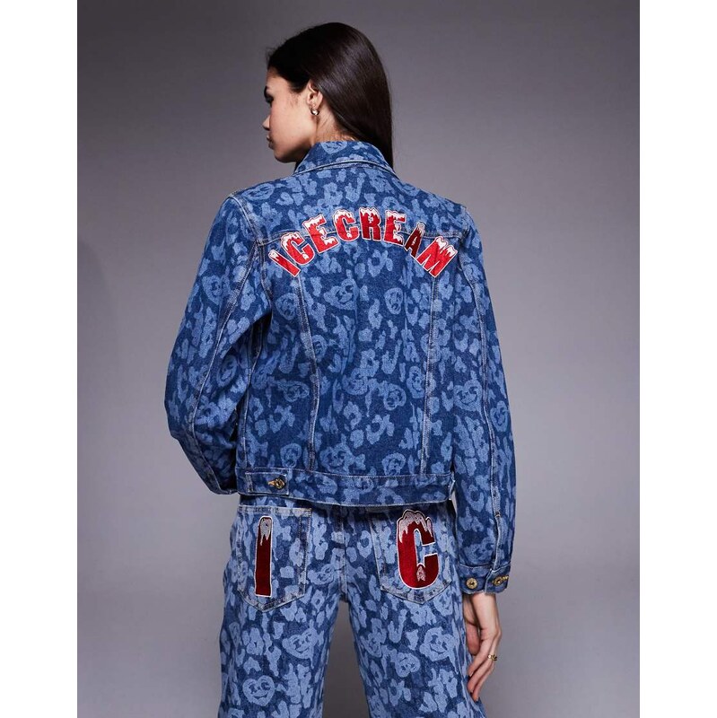 ICECREAM laser camo denim trucker jacket co-ord in mid wash blue