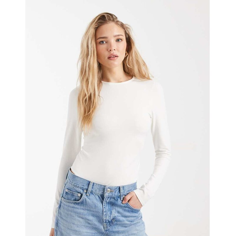ASOS DESIGN cotton long sleeve bodysuit in ivory-Black