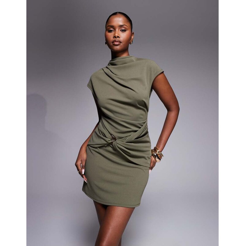 ASOS DESIGN ruched high neck cap sleeve mini dress with wrap