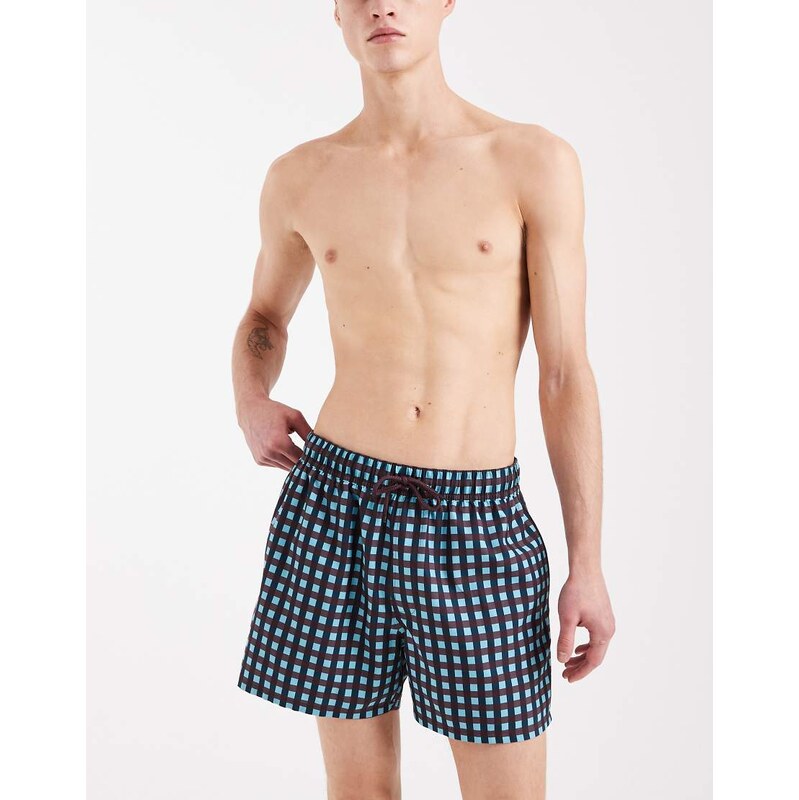ASOS DESIGN check swim shorts in short length in turquoise-Blue