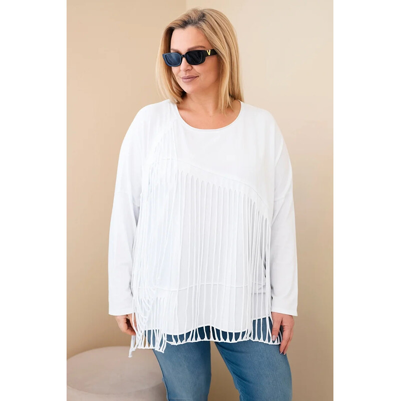 K-Fashion Dámská bavlněná blůza Plus Size s třásněmi bílá