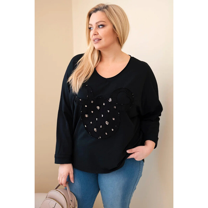 K-Fashion Dámská bavlněná blůza Plus Size s výstřihem do V černá
