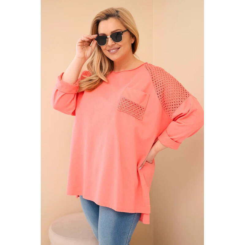 K-Fashion Dámská mikina Plus Size bavlněná s potiskem meruňková