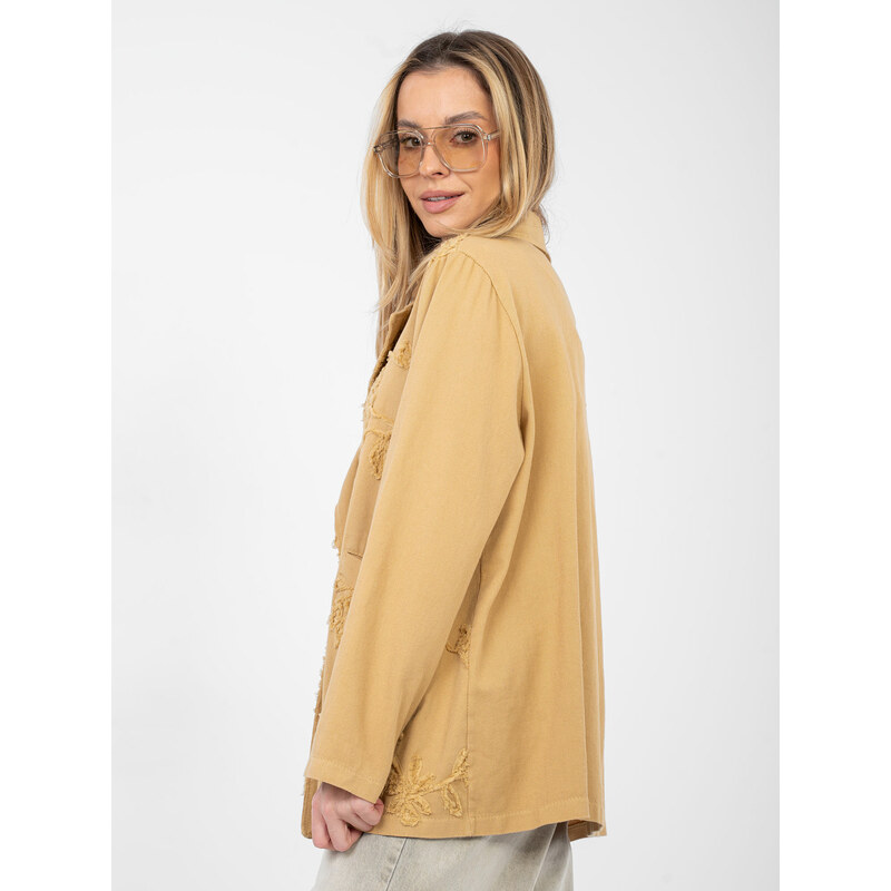 RUE PARIS Dámská camel bunda s výšivkou