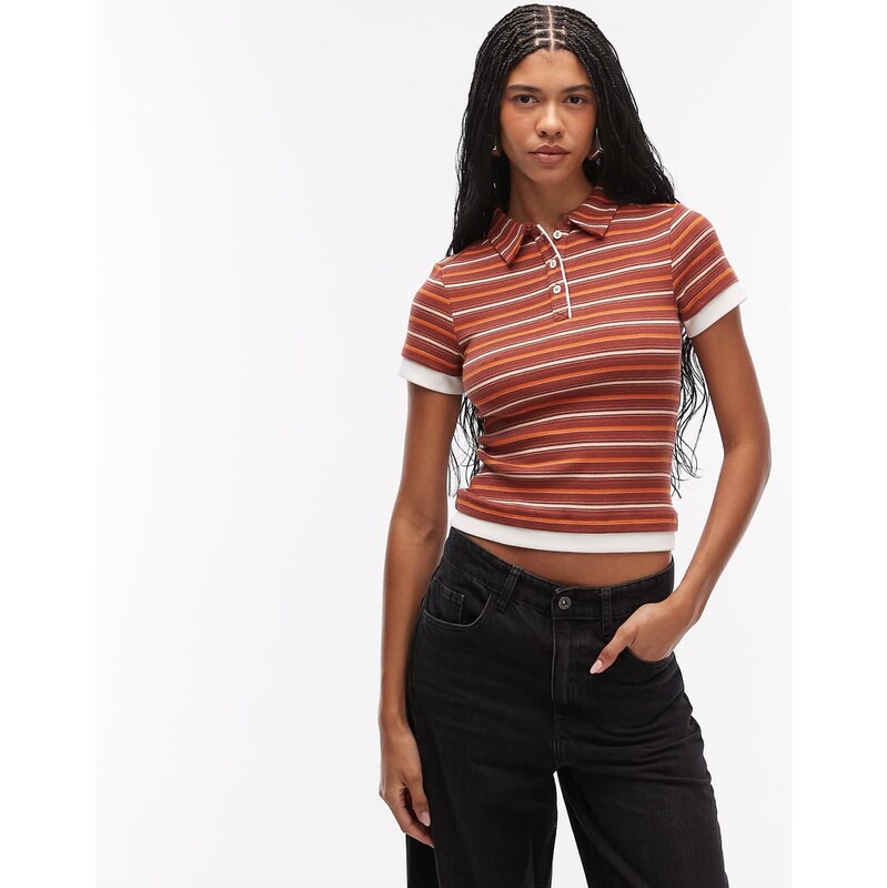 ASOS DESIGN collared short sleeve polo top in chocolate and