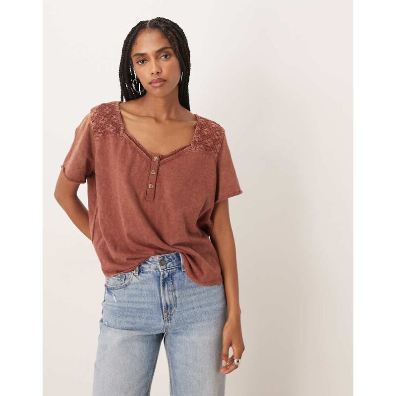 Free People heirloom henley button up tee incanyon sunset-Brown