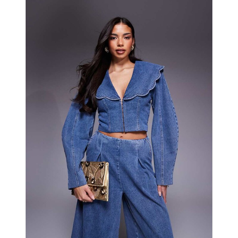 ASOS LUXE co-ord denim cropped blazer with oversized collar in