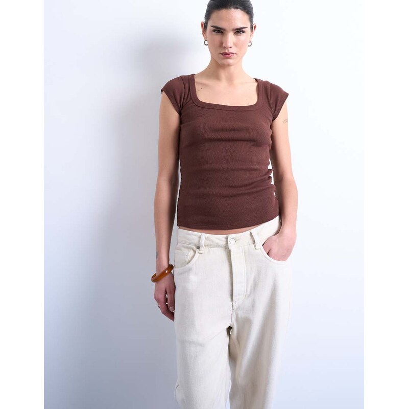 Topshop square neck rib cap sleeve tee in brown 115514255