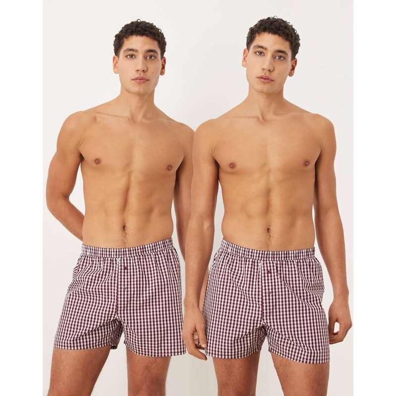 ASOS DESIGN 2 pack woven boxers in burgundy gingham check-Red 112879250