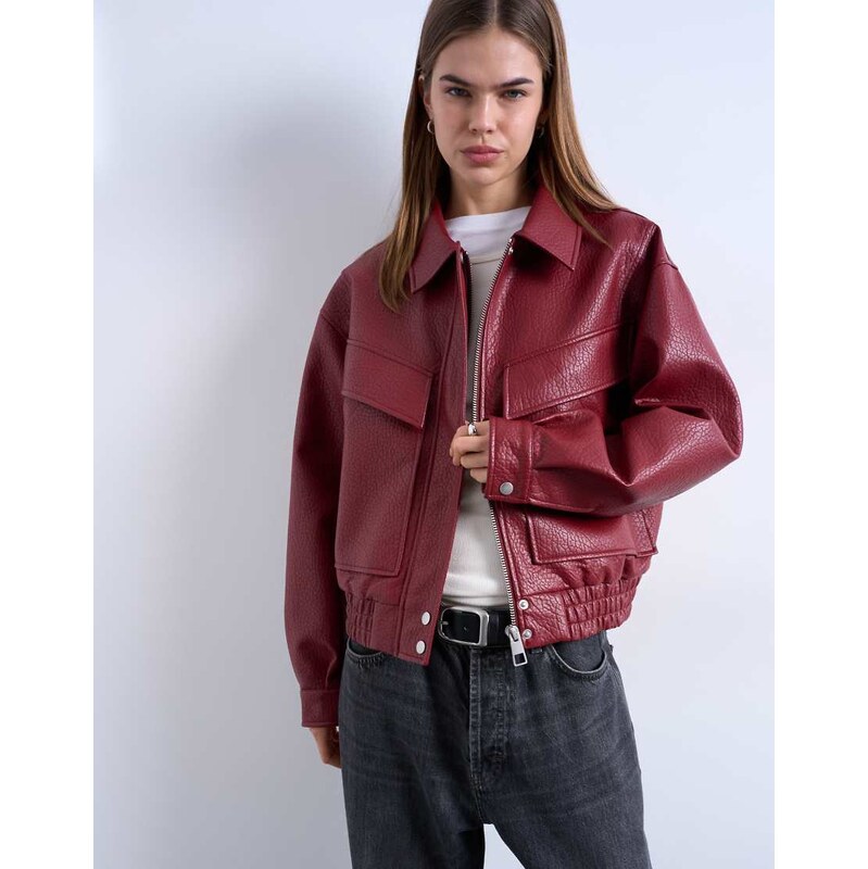 Topshop faux leather bubble boxy zip through pocket bomber jacket in 115527423