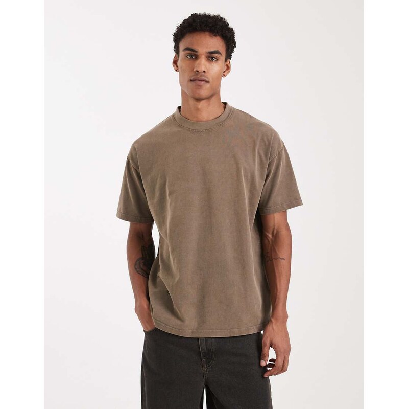 Brave Soul oversized 240gsm acid wash t-shirt in taupe-Neutral