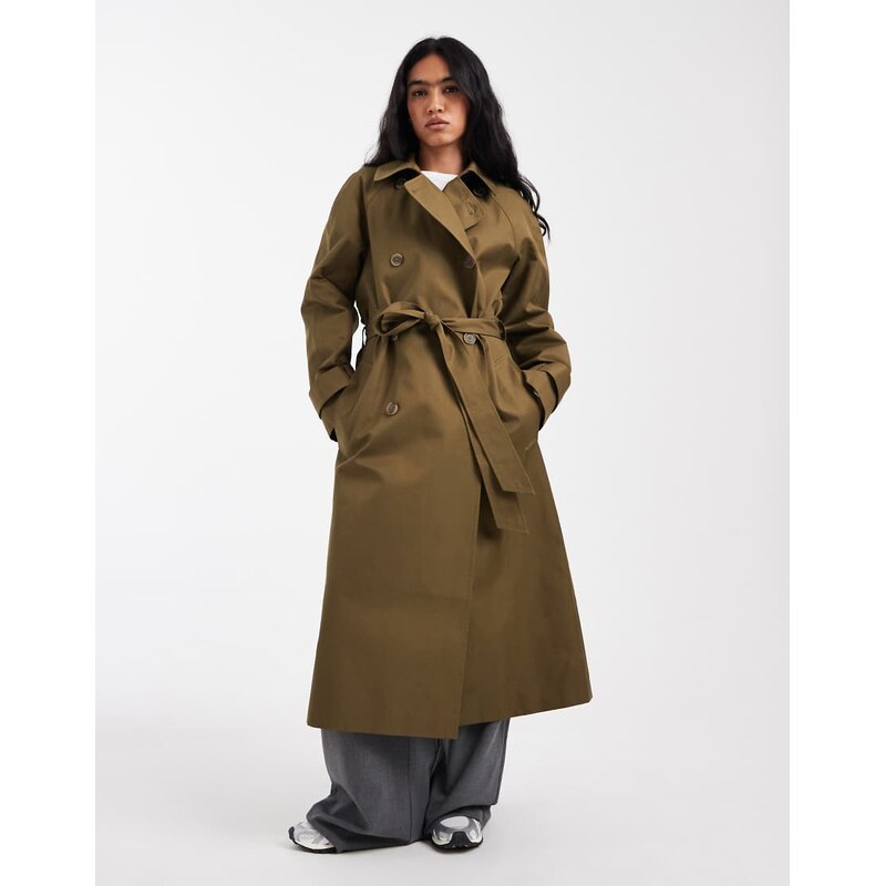 ASOS DESIGN longline water repellent trench coat in khaki-Green 115515707