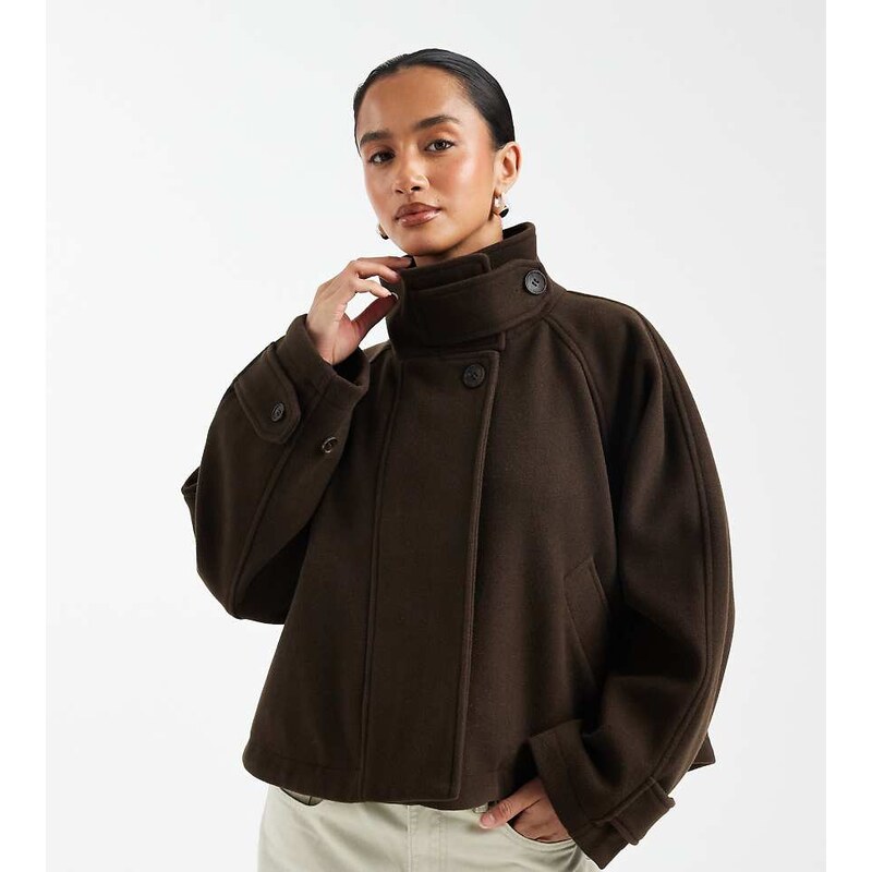 ASOS Petite ASOS DESIGN Petite cropped cape formal coat in brown 112879268