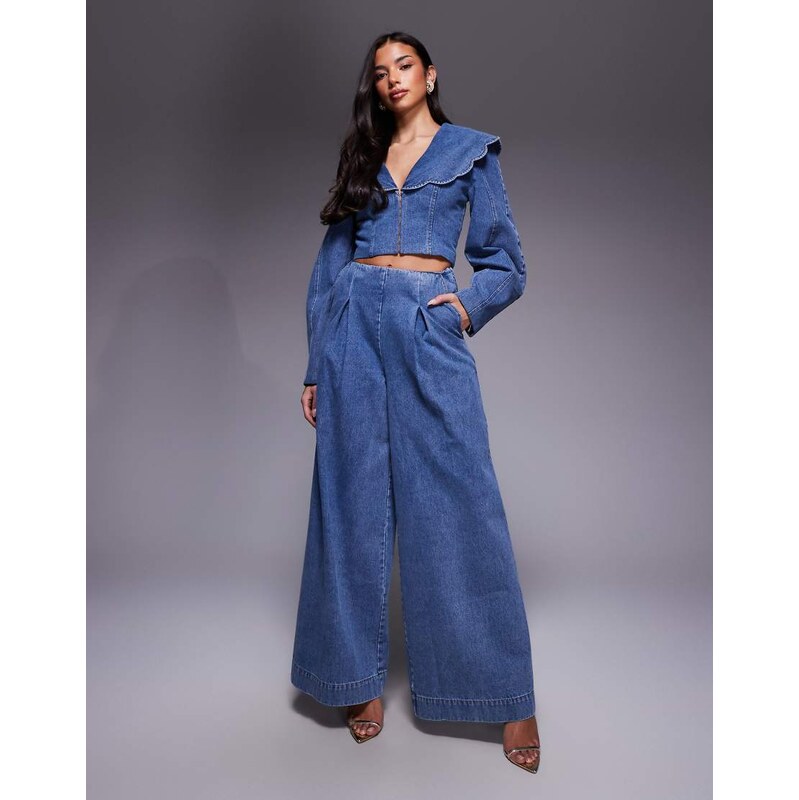 ASOS LUXE co-ord wide leg denim jeans with corset detail in mid blue 112879369