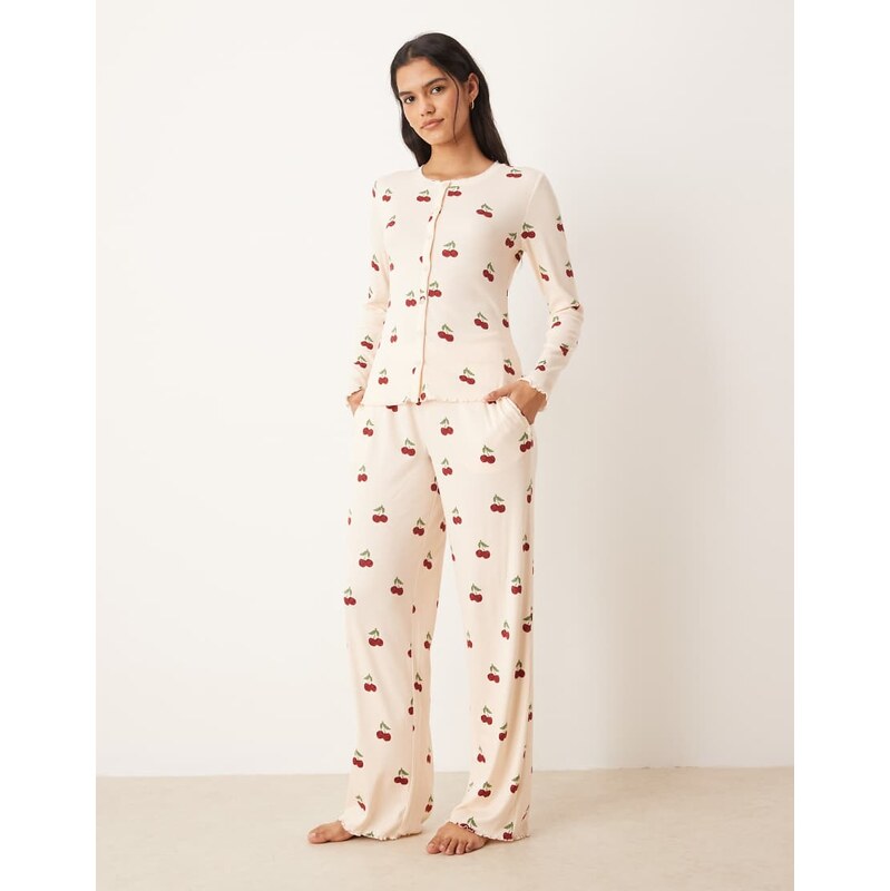 Chelsea Peers ribbed long sleeve pyjama set in ditsy cherry stripe 112879382