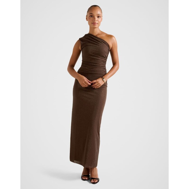 Forever New hotfix one shoulder maxi dress in brown 112879394