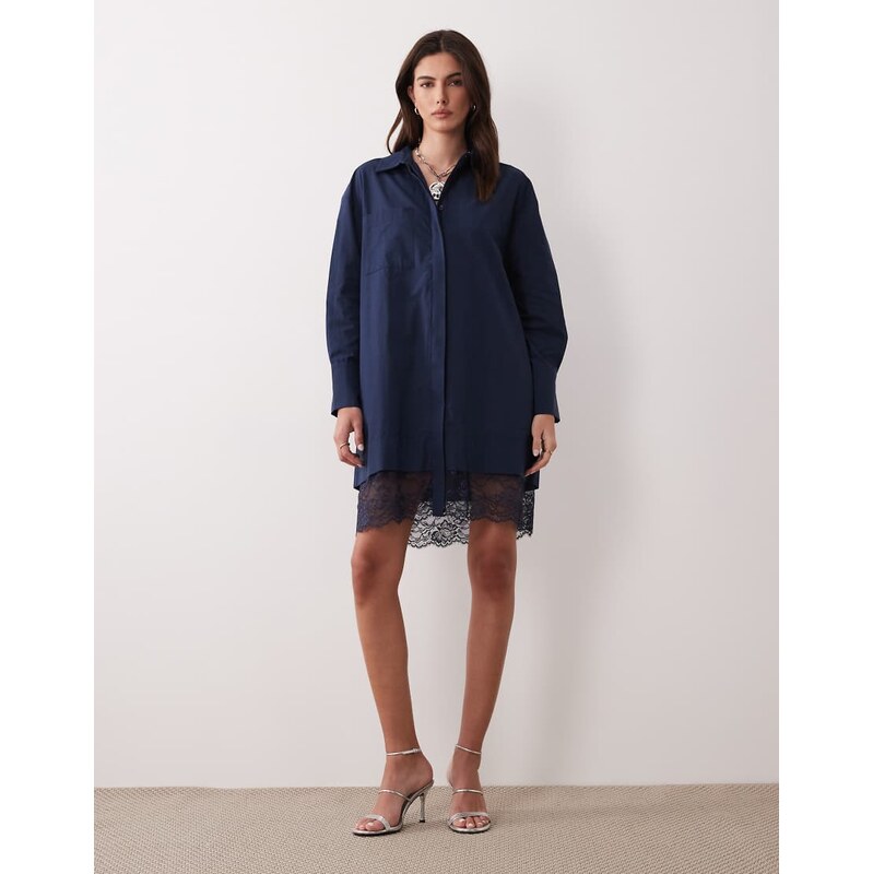 ASOS DESIGN shirt dress with lace trim in navy