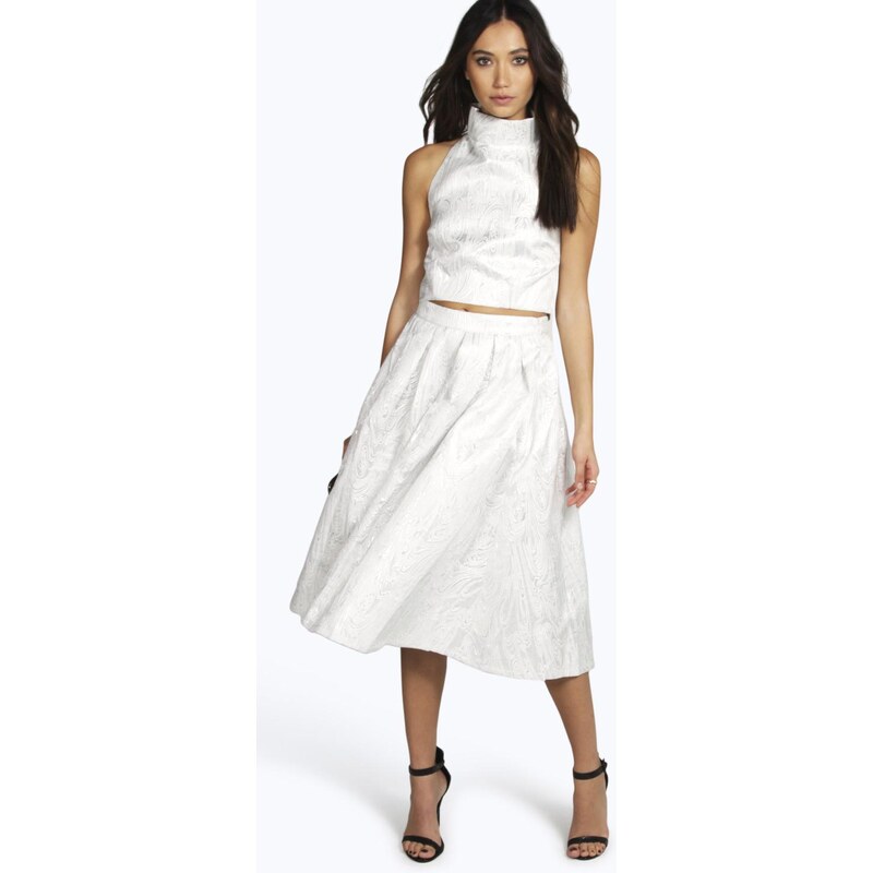 BOOHOO Bílá sukně s žakárovým vzorem