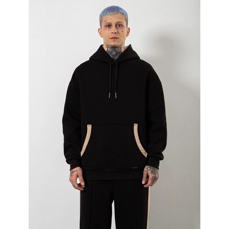 Pánská mikina s kapucí Oversize Black / Beige Machinist Strip