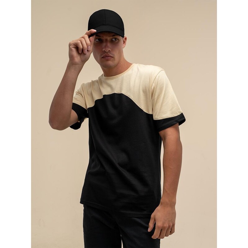 Pánské tričko s krátkým rukávem Black / Beige GOOD LUCK Shoulder