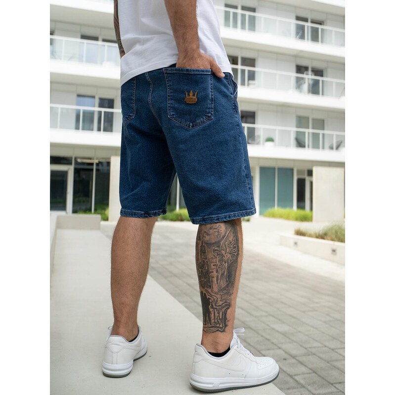Pánské tmavě modré/zlaté džínové kraťasy Jigga Wear Crown Pocket