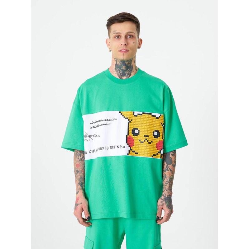 Zelené tričko s krátkým rukávem Oversize Machinist Pikachu