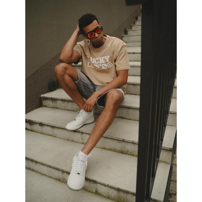 Pánské tričko s krátkým rukávem Oversize Light Brown/White Lucky