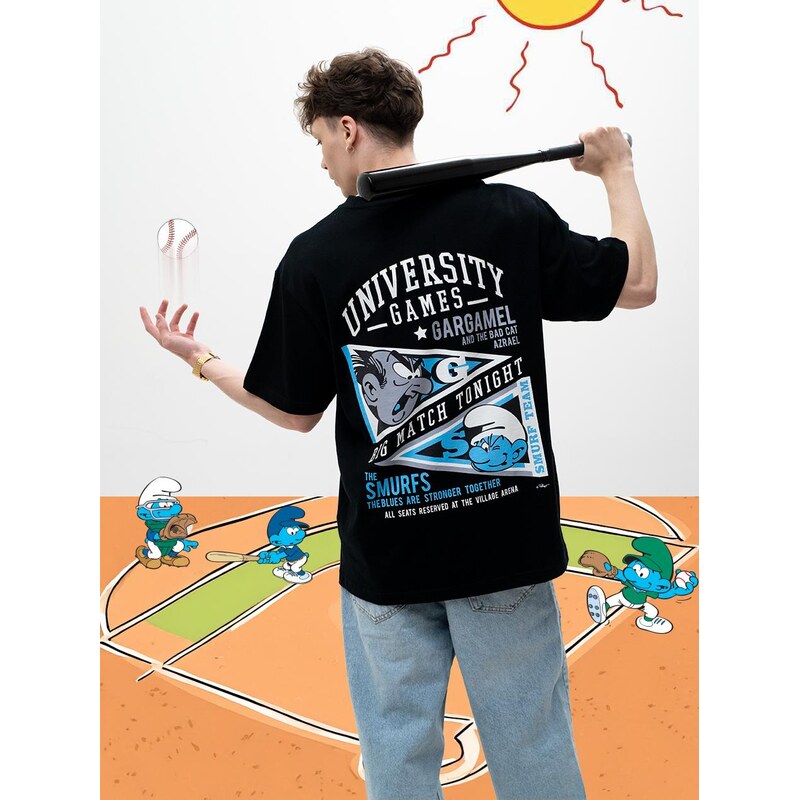Smerfy Pánské tričko s krátkým rukávem Oversize černé Šmoulí