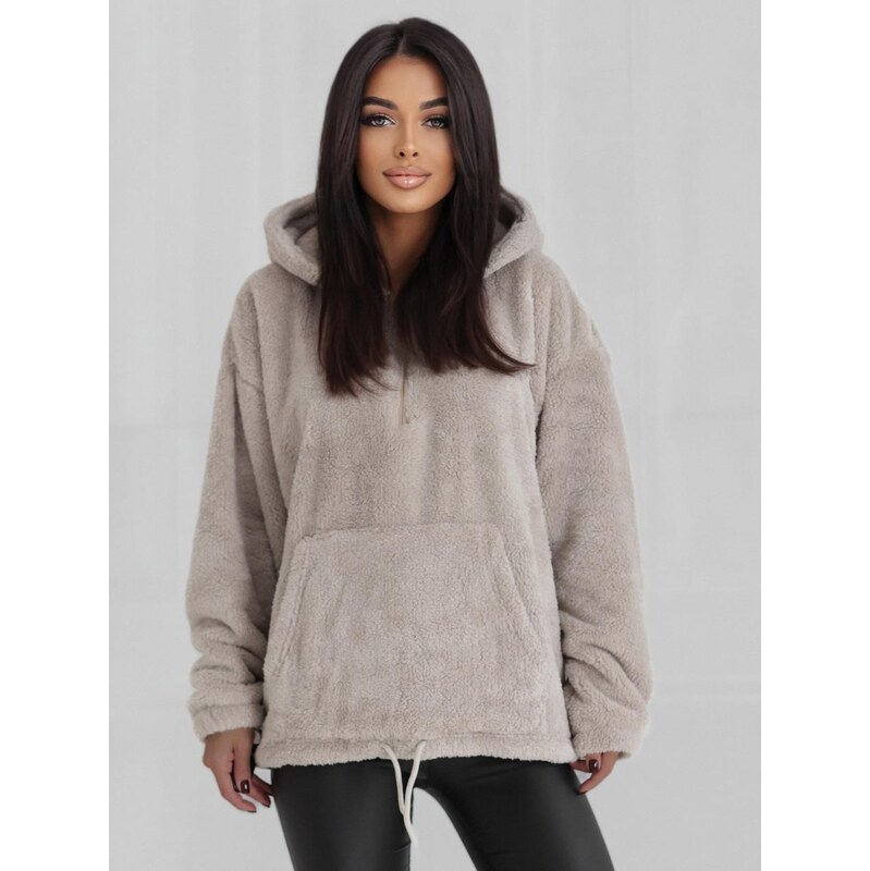Dámská mikina oversize s kapucí světle béžová MyStars Half Zip