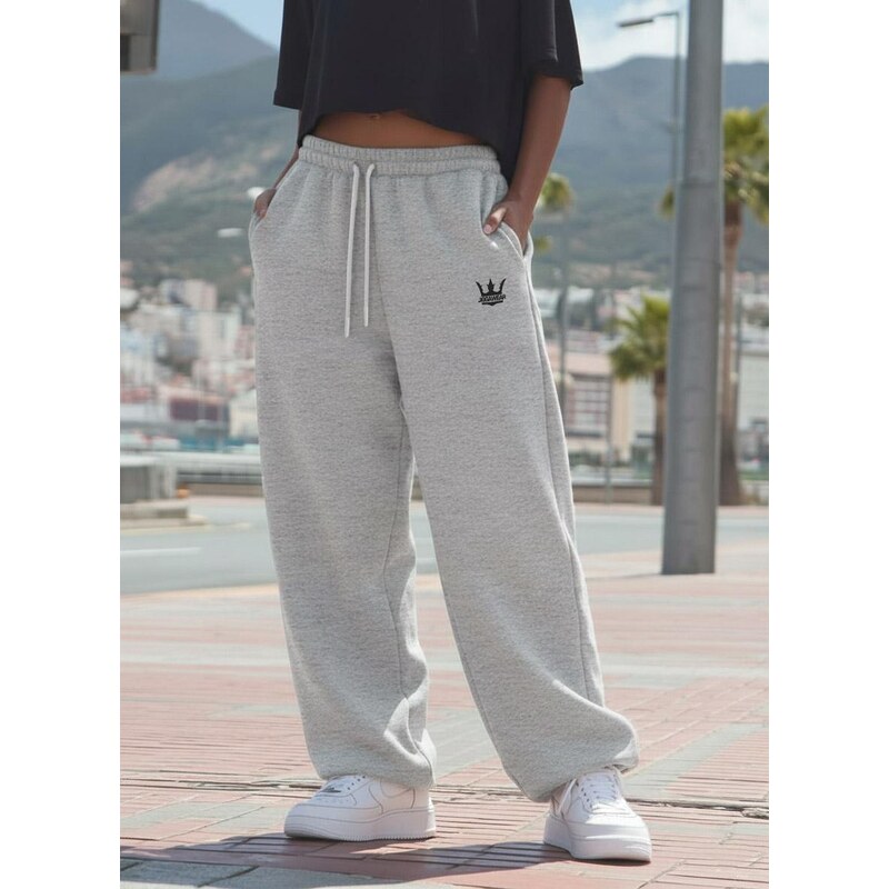 Dámské baggy tepláky světle šedé Jigga Wear Haft Logo Drawcord