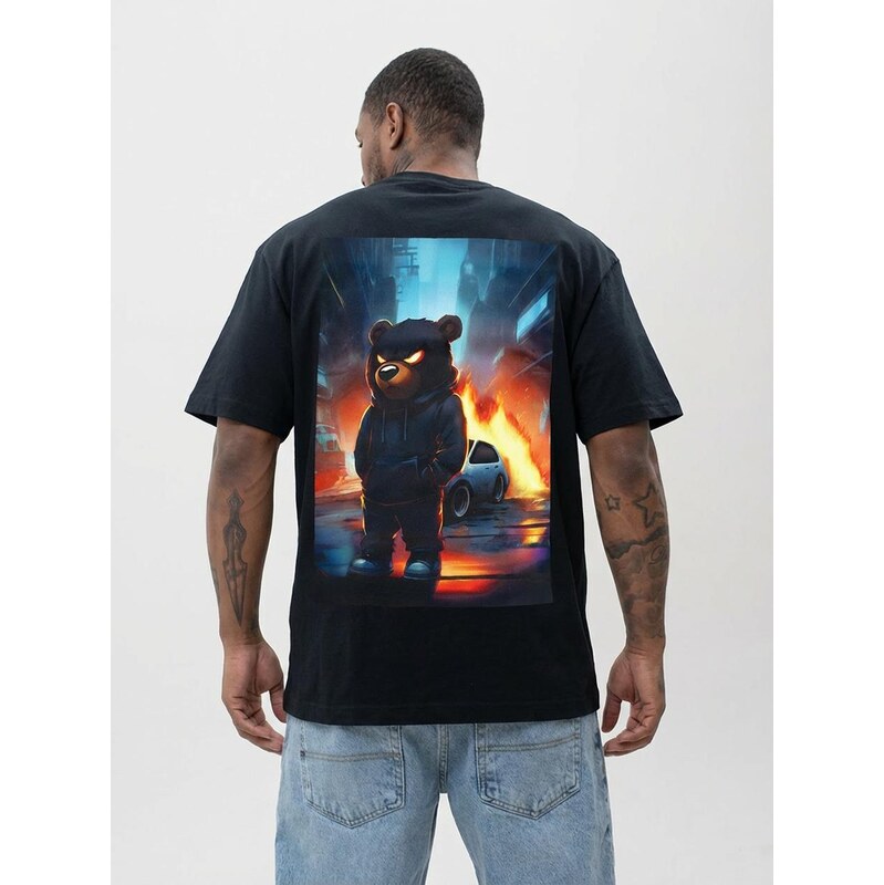 Pánské černé tričko s krátkým rukávem Oversize MyStars Riot Bear