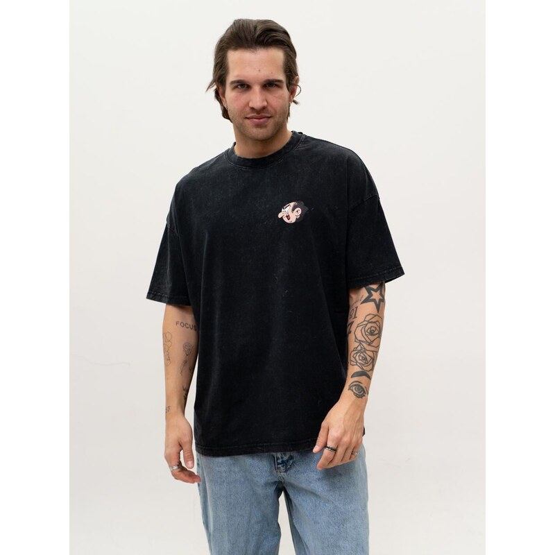 Smerfy Pánské oversize tričko, černé, acid wash, Šmoulové, Mini