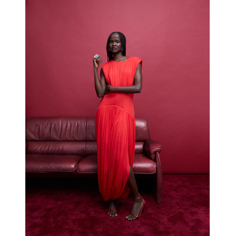 ARRANGE gathered drape maxi dress with cinched waist in red