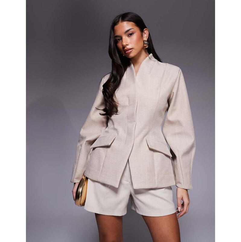 ASOS LUXE cinched waist blazer in stone-Neutral 112881371