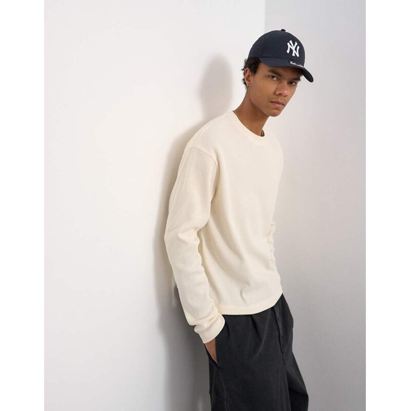 Topman cropped fit long sleeve heavyweight waffle t-shirt in