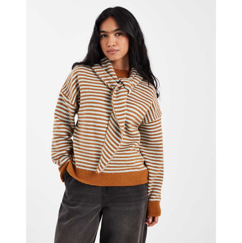 ASOS DESIGN fine stripe knit jumper in toffee and duck egg blue