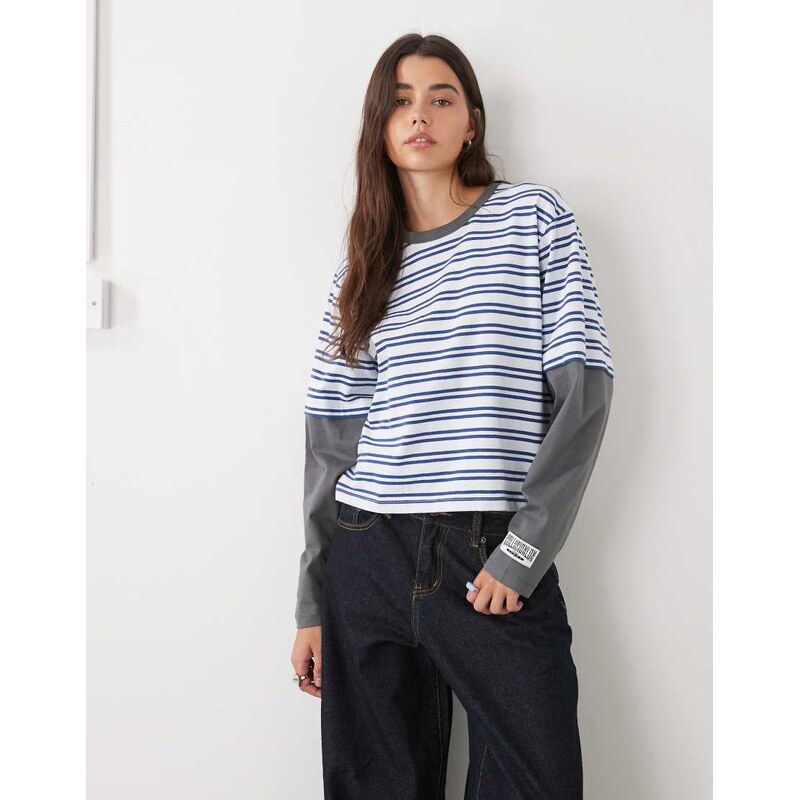 COLLUSION double layer long sleeve in blue stripe-Multi 113263918