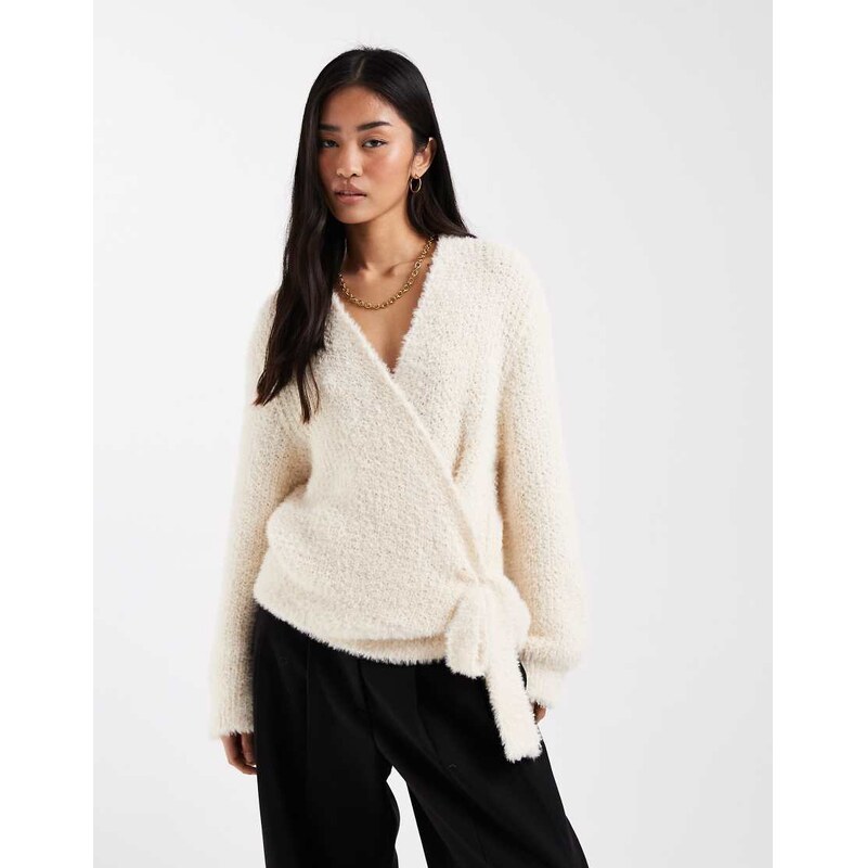 Miss Selfridge knitted wrap bow detail jumper in cream-Yellow 112881432