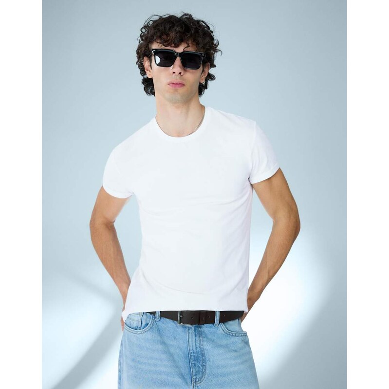 Bershka Short sleeve roll up t-shirt in white