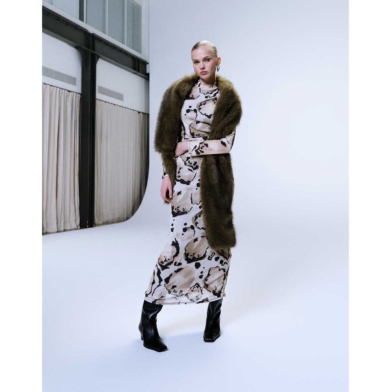 ASOS DESIGN mesh high neck long sleeve midi dress in animal