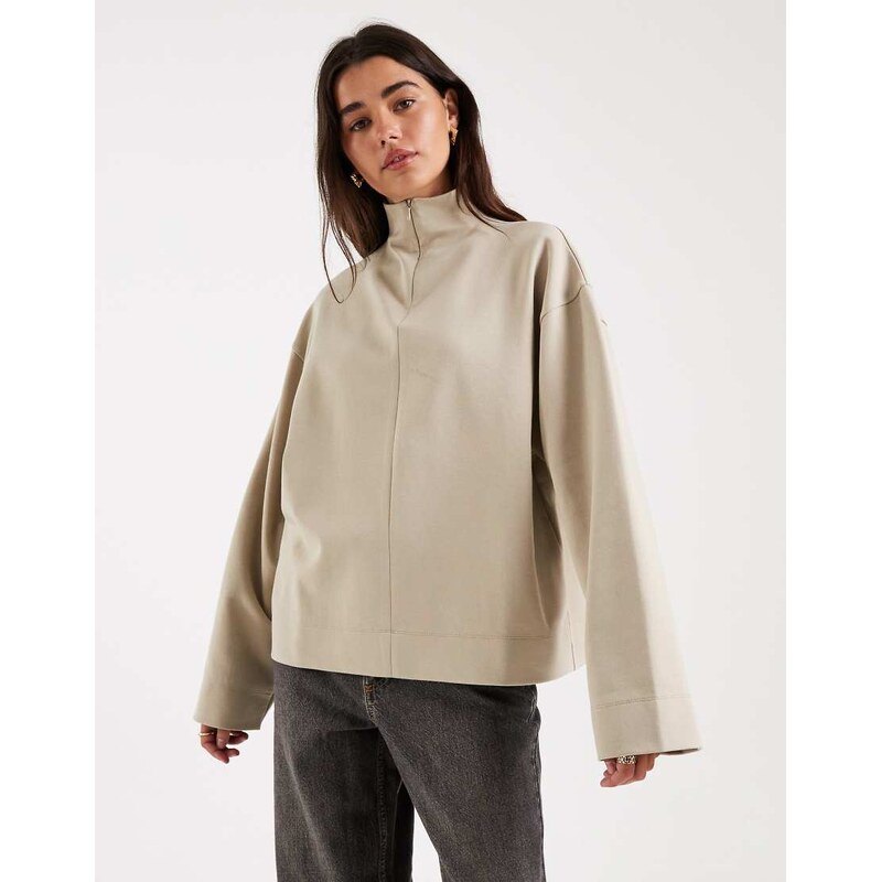 ASOS DESIGN high neck long sleeve with zip top in beige-Grey