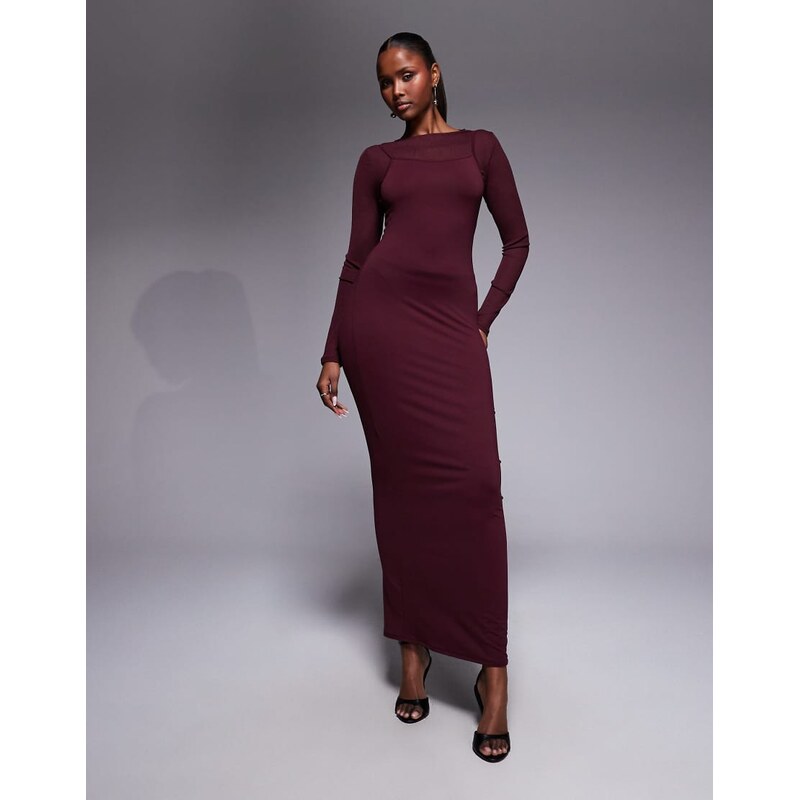 ASOS DESIGN long sleeve double layer maxi dress in plum-Red