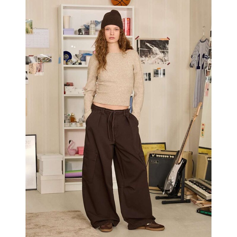 Bershka Printed parachute cargo trousers in brown