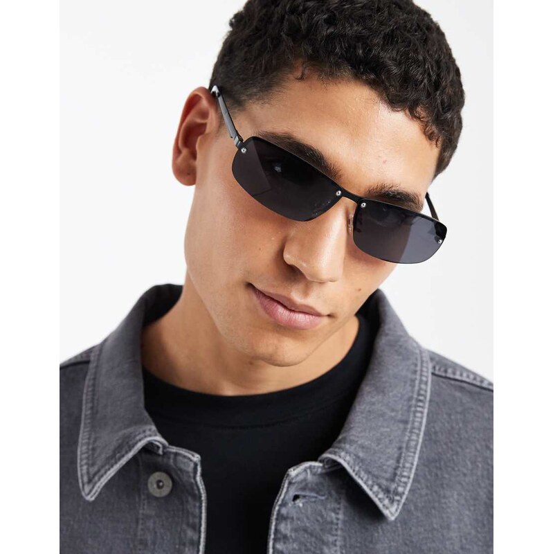 ASOS DESIGN rectangle metal sunglasses in black with smoke lens