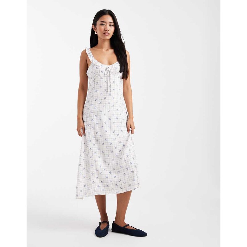 Cotton On layla frill midi dress in daisy walnut floral-Multi
